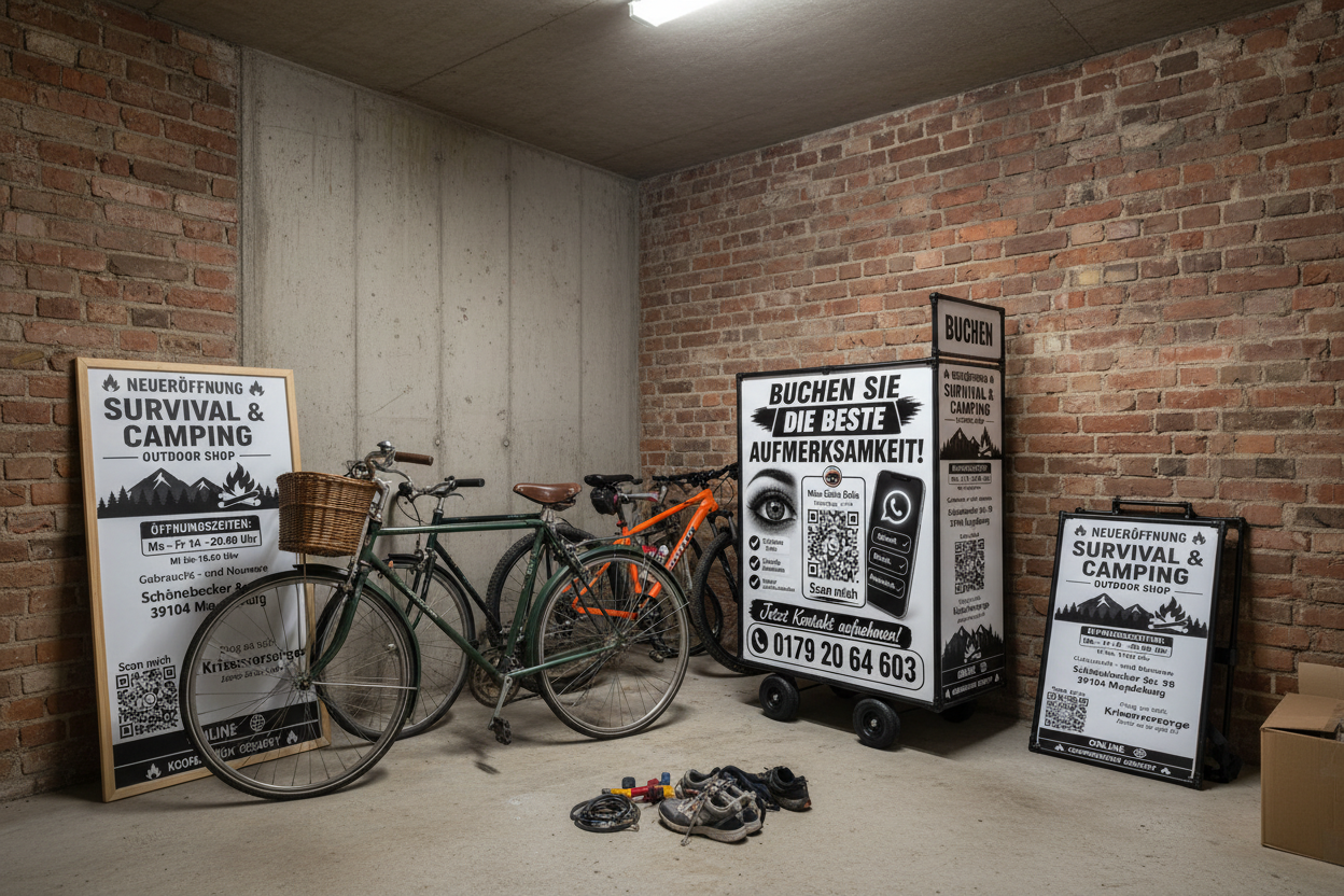 Fahrradanhänger, Werberucksack und Handplakat im Fahrradraum